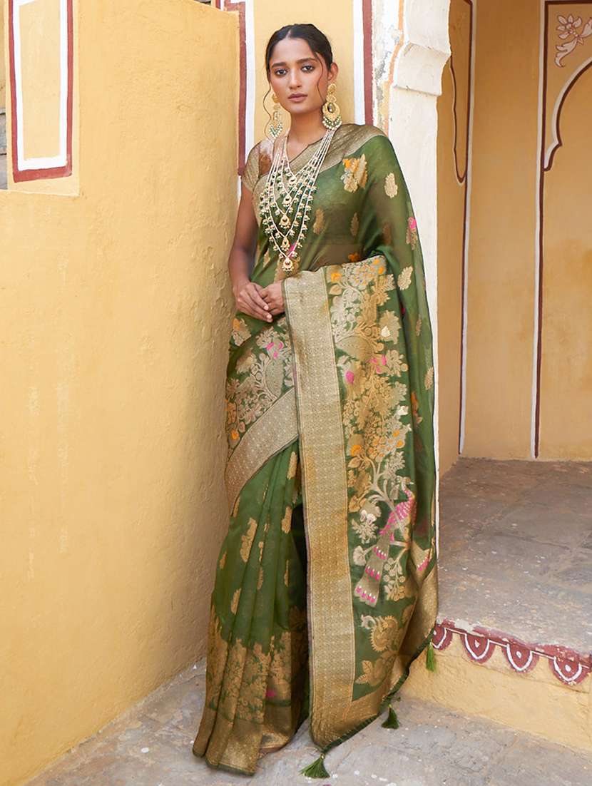 green silk blend kanjivaram saree with blouse