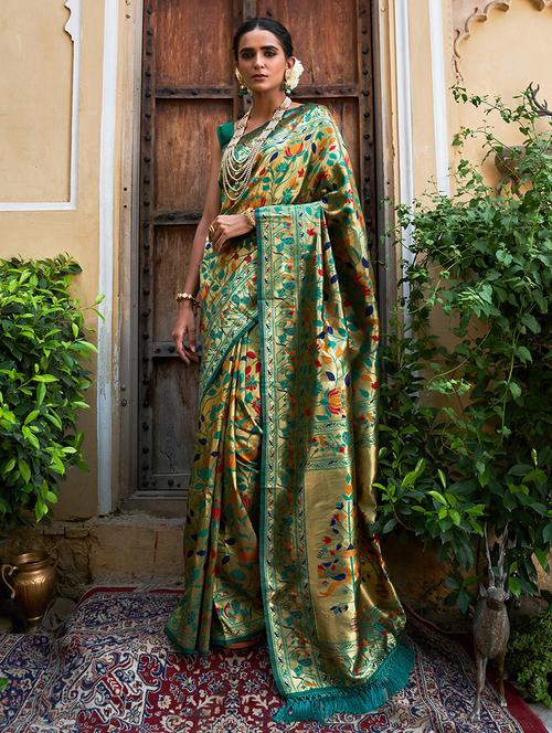green silk blend paithani saree with blouse - 20018600 - Standard Image - 0