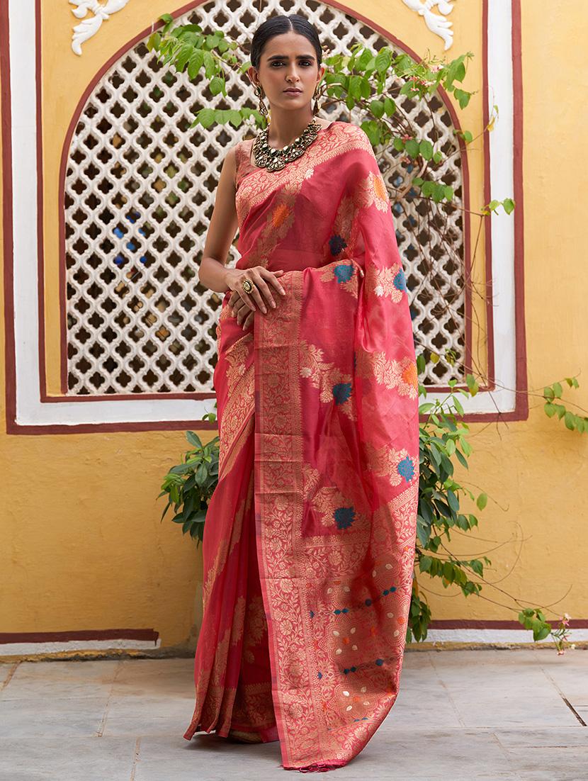 pink silk blend kanjivaram saree with blouse - 20018610 -  Zoom Image - 0