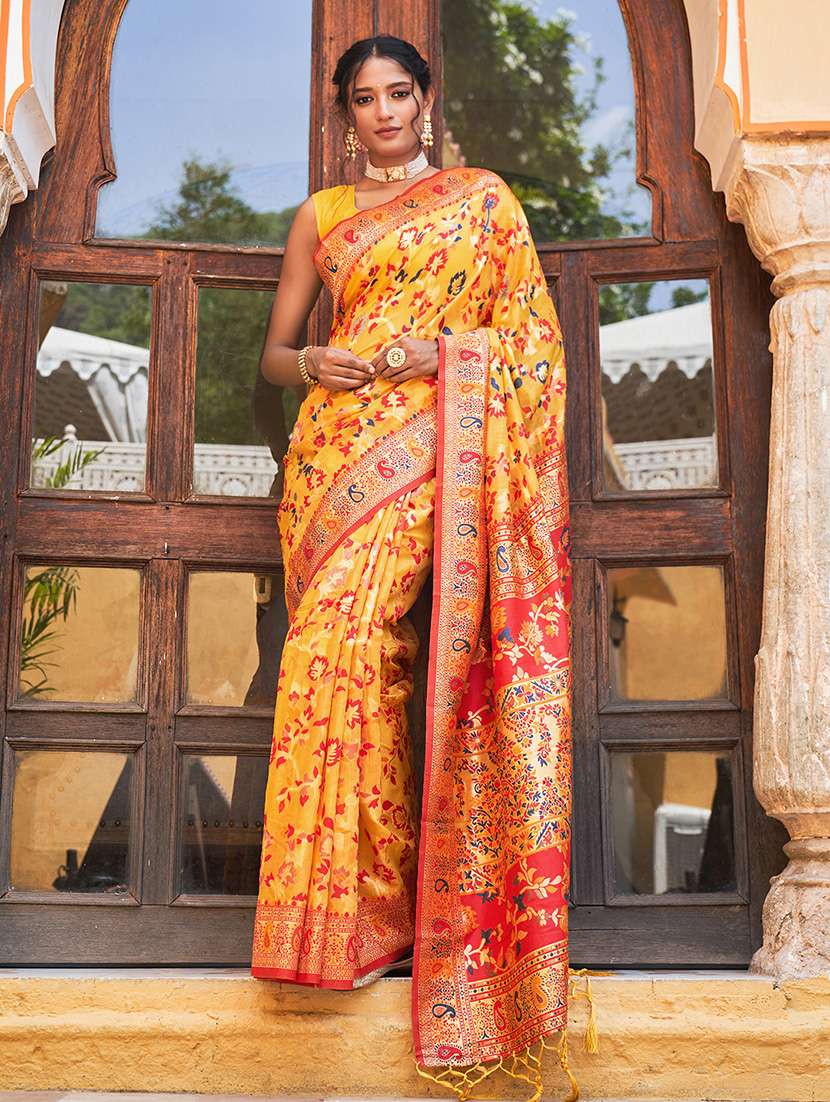 yellow silk blend saree with blouse