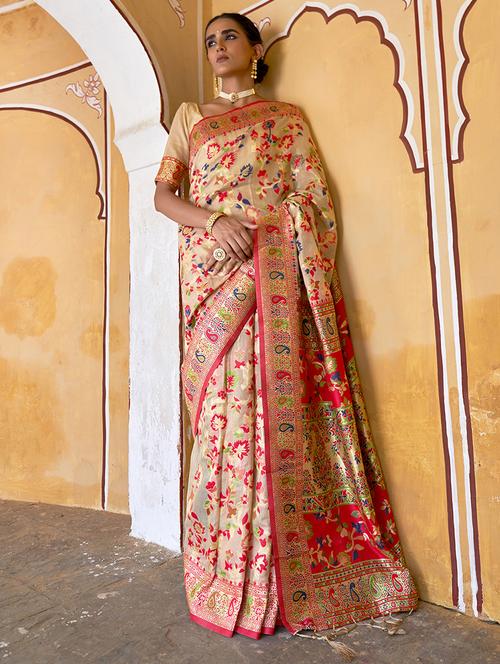 beige silk blend saree with blouse - 20018668 - Standard Image - 0