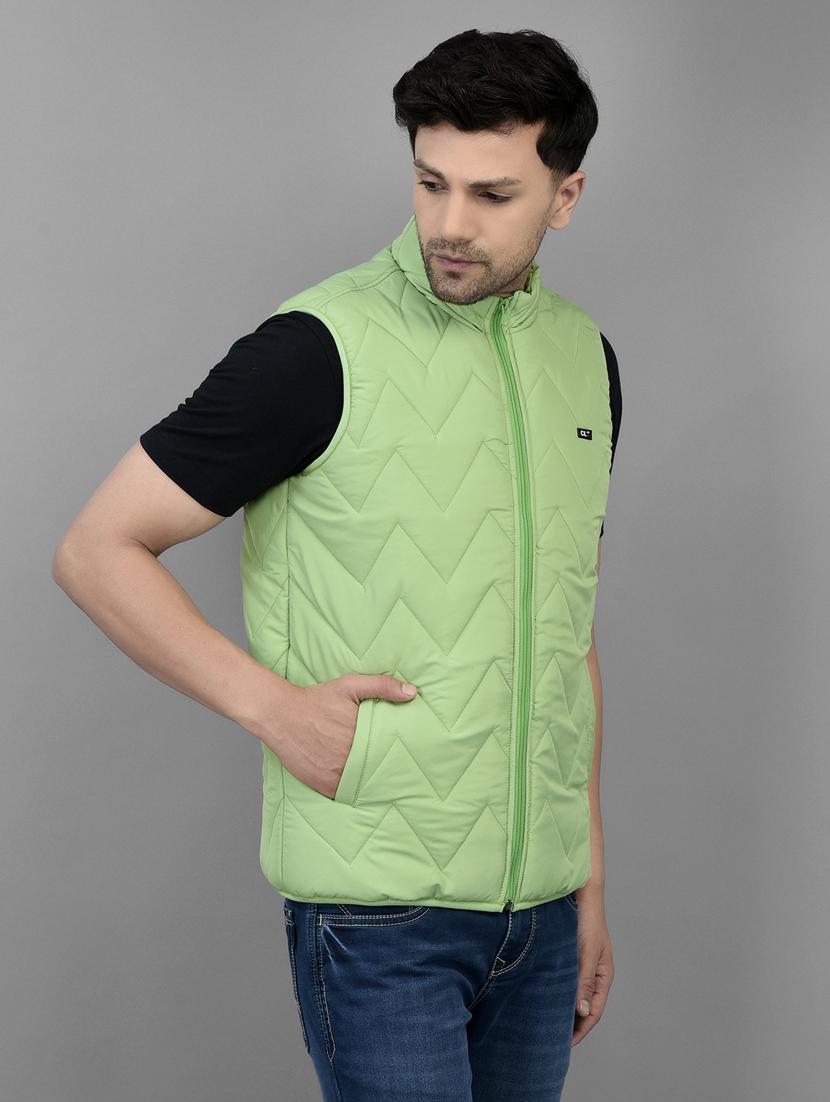 men green solid stand collar quilted jacket - 20019066 - Standard Image - 2