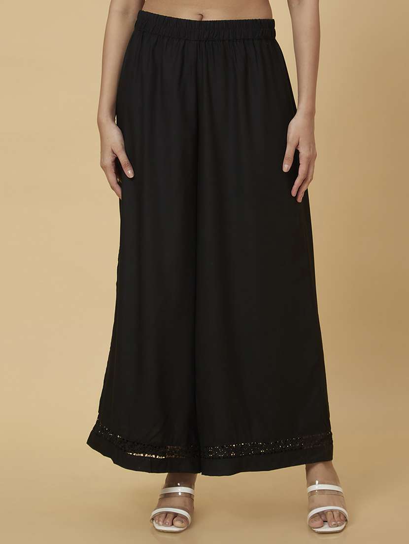 globus women black floral lace hem design flared ethnic palazzos - 20019081 -  Zoom Image - 0