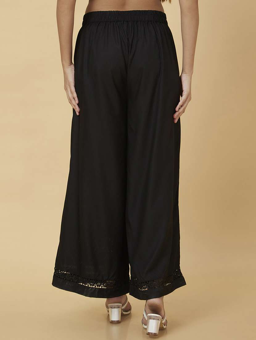 globus women black floral lace hem design flared ethnic palazzos - 20019081 - Standard Image - 2