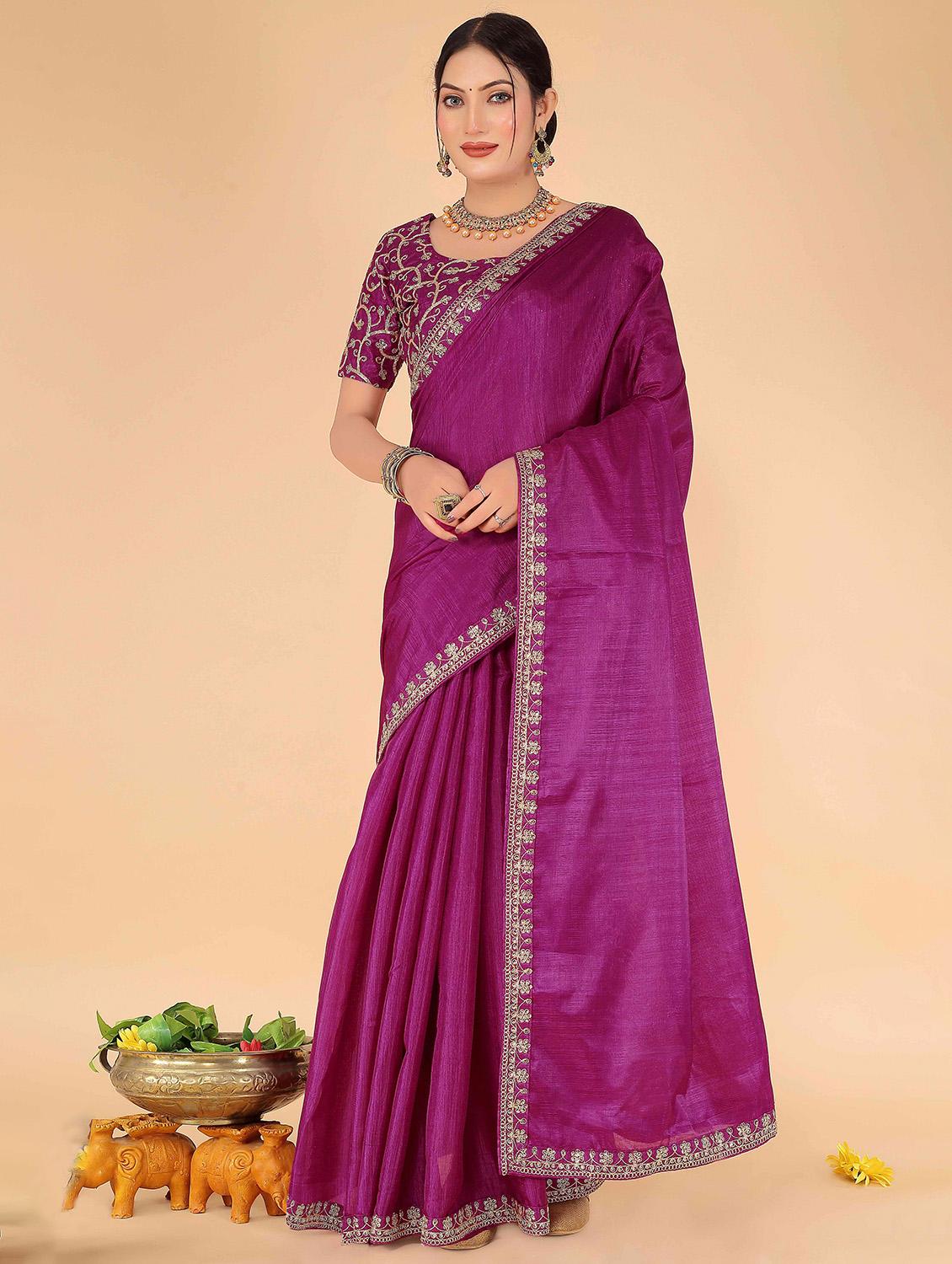 solid bordered saree with blouse - 20019311 - Zoom Image - 0
