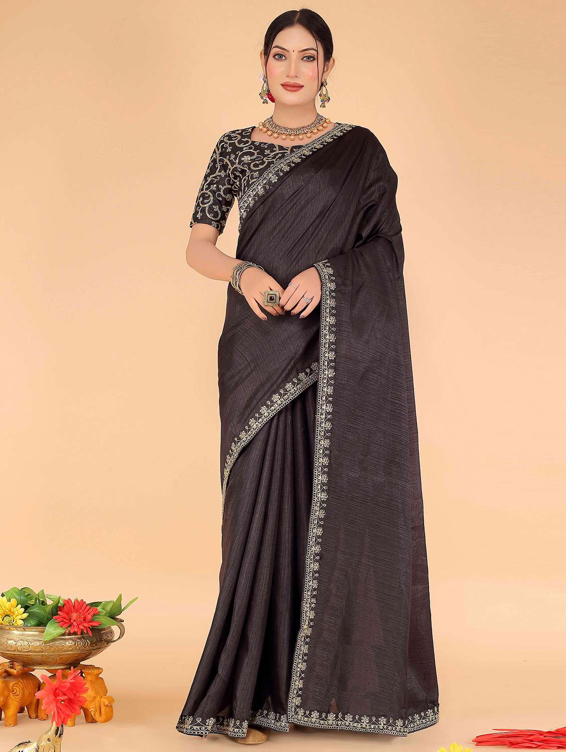 solid bordered saree with blouse