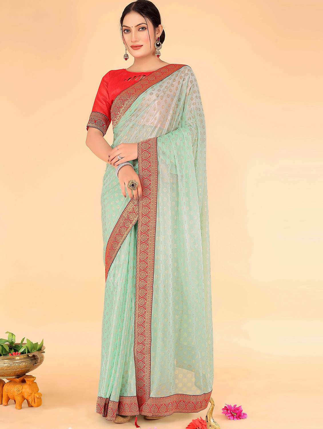women's self design green colored saree