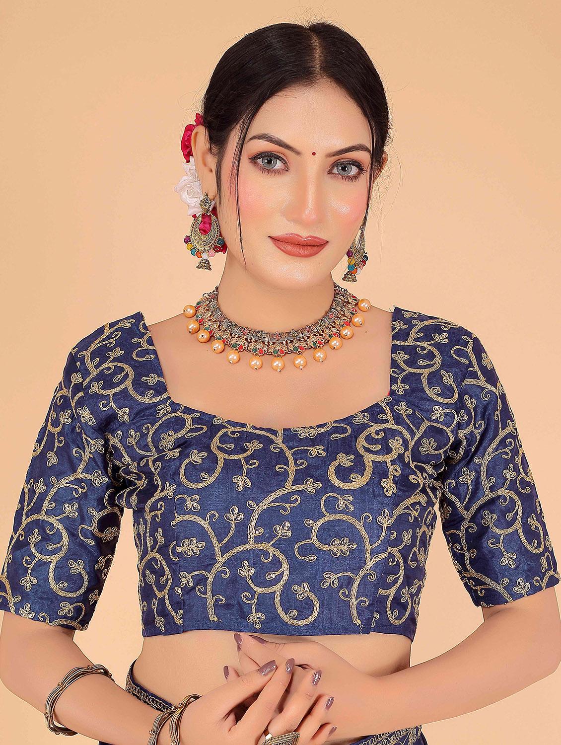 women's bordered navy blue colored saree with blouse - 20019364 - Standard Image - 2