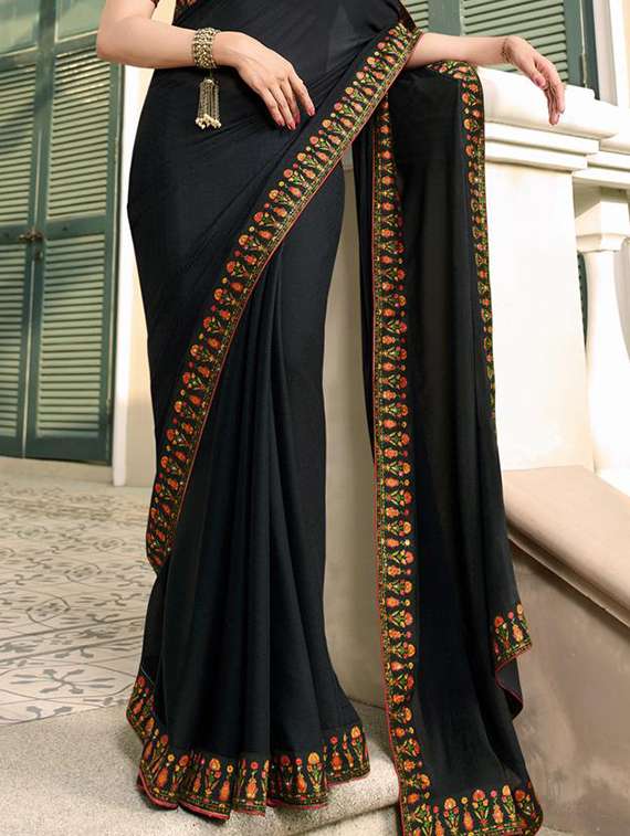 women's bordered black colored saree with blouse - 20022633 -  Standard Image - 2