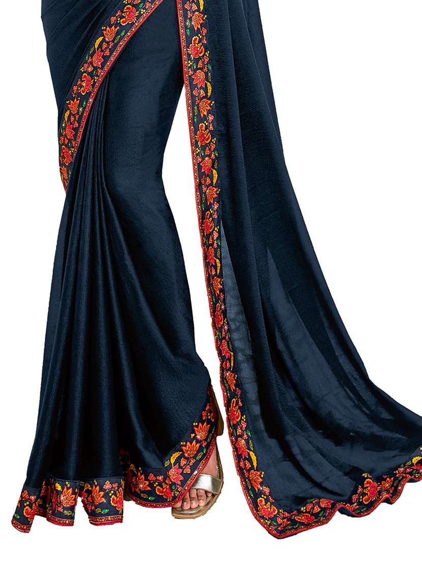 women's bordered navy blue colored saree with blouse - 20022639 -  Standard Image - 2