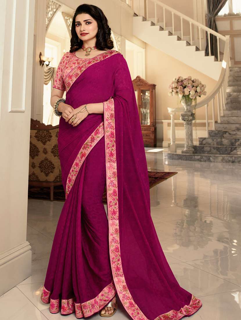 women's bordered royal blue colored saree with blouse