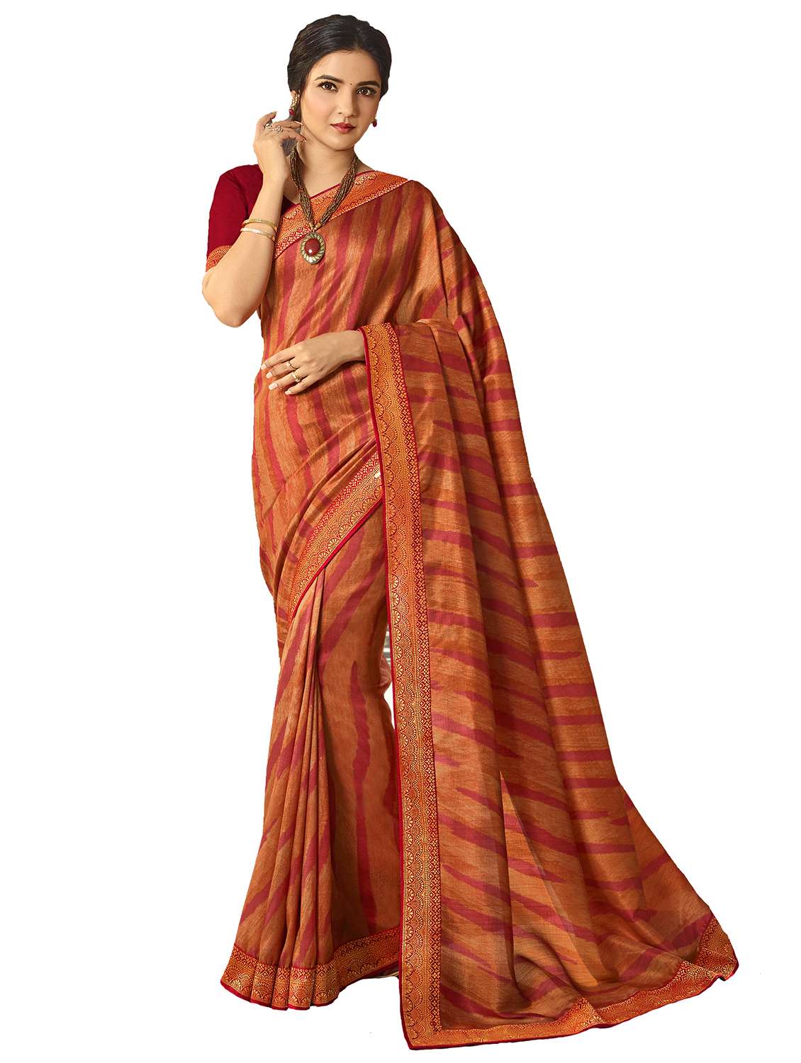 women's bordered orange colored saree with blouse