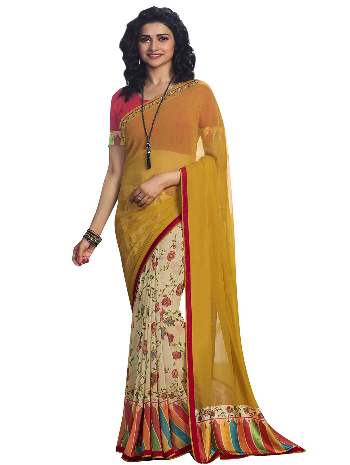 women's floral mustard colored saree with blouse - 20022681 - Zoom Image - 0