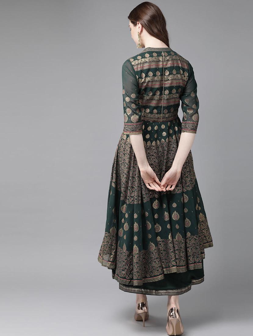 green foil printed layered ethnic dress - 20023408 - Standard Image - 2