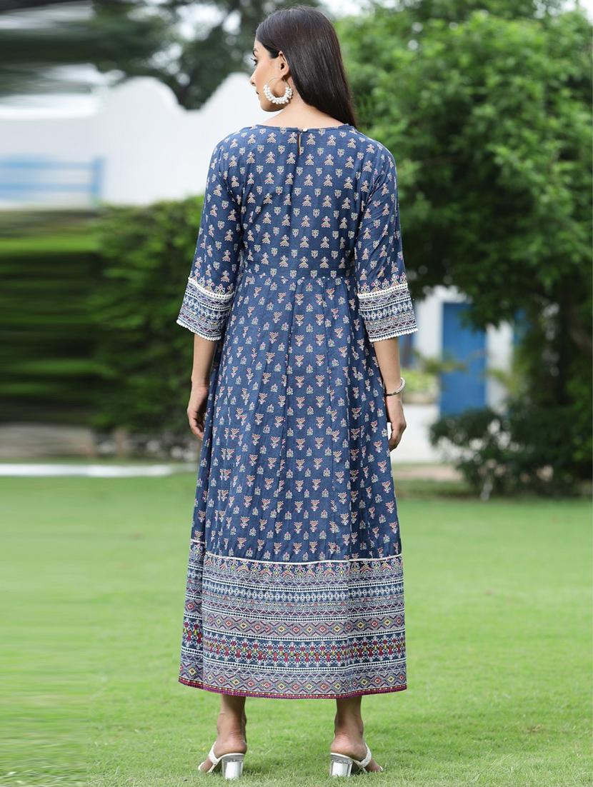 juniper women's indigo cotton cambric printed anarkali dress - 20023419 - Standard Image - 2