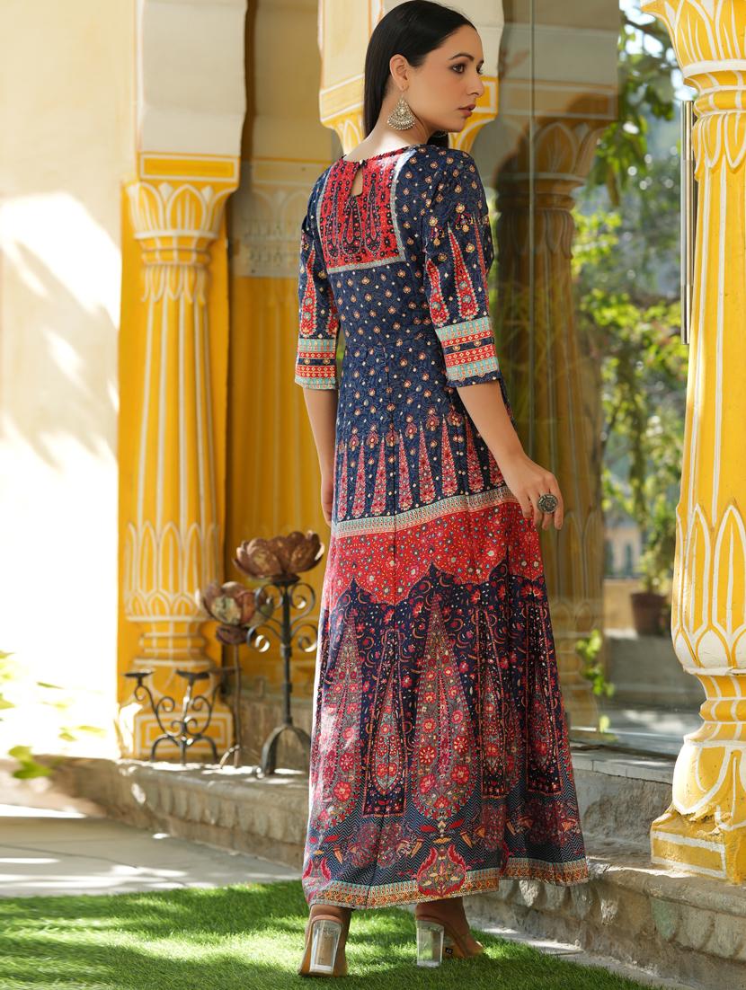 juniper women's navy blue dull satin printed anarkali dress - 20023423 - Standard Image - 2