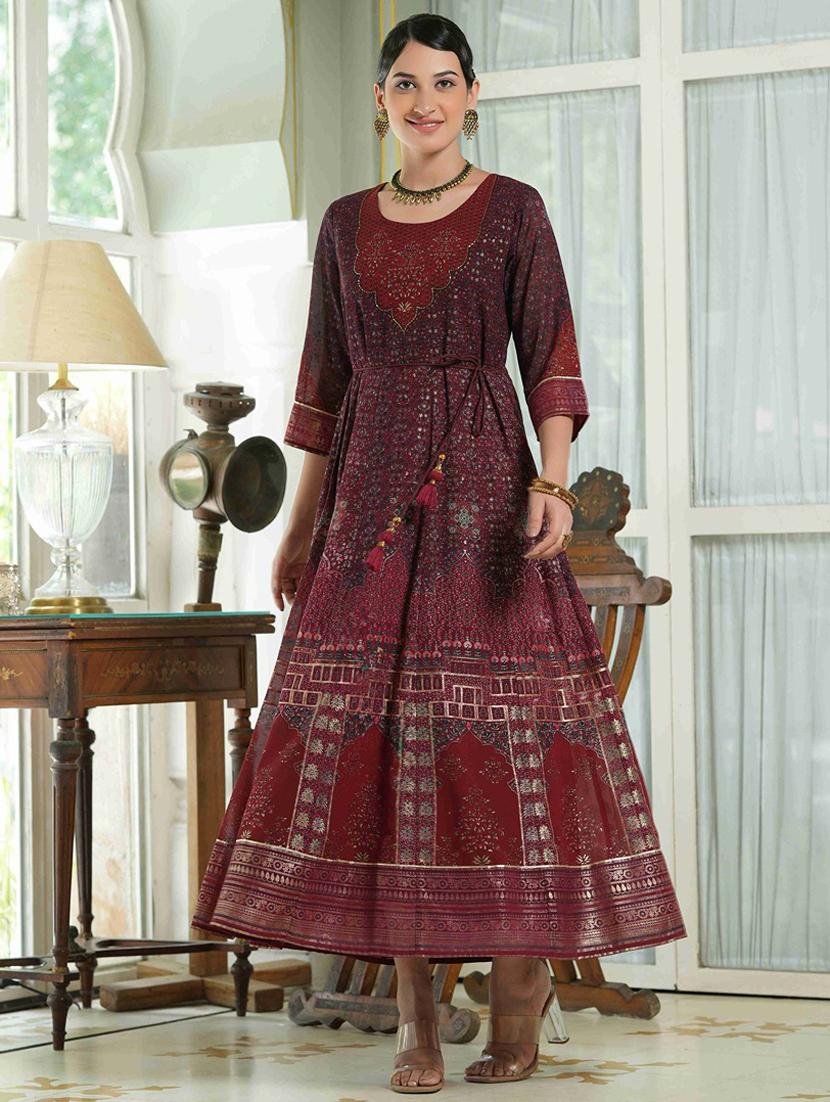 juniper women's maroon georgette printed anarkali dress - 20023425 - Standard Image - 2