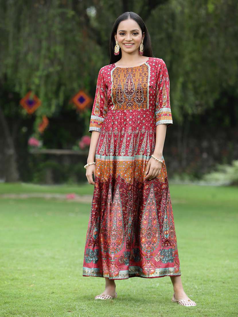 juniper women's satin printed anarkali dress - 20023426 -  Zoom Image - 0