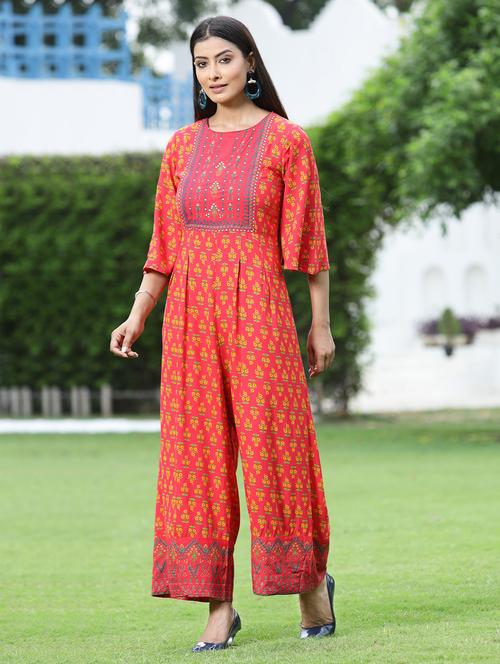 juniper women coral rayon printed jumpsuit - 20023428 - Standard Image - 0