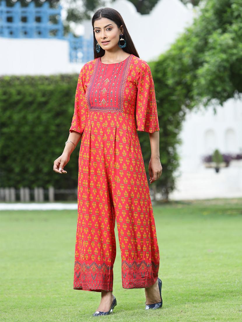 juniper women coral rayon printed jumpsuit - 20023428 - Zoom Image - 0