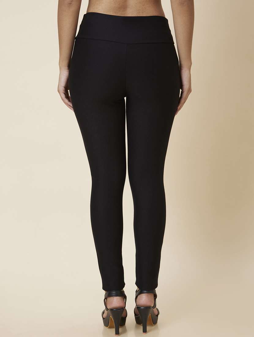 globus women black stretchable mid-rise skinny fit treggings with pockets - 20023455 - Standard Image - 2