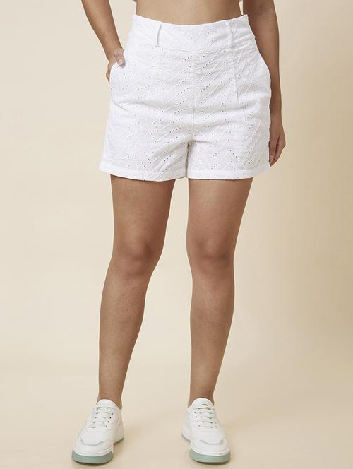globus women white chevron schiffli high-rise cotton shorts - 20023465 - Standard Image - 0