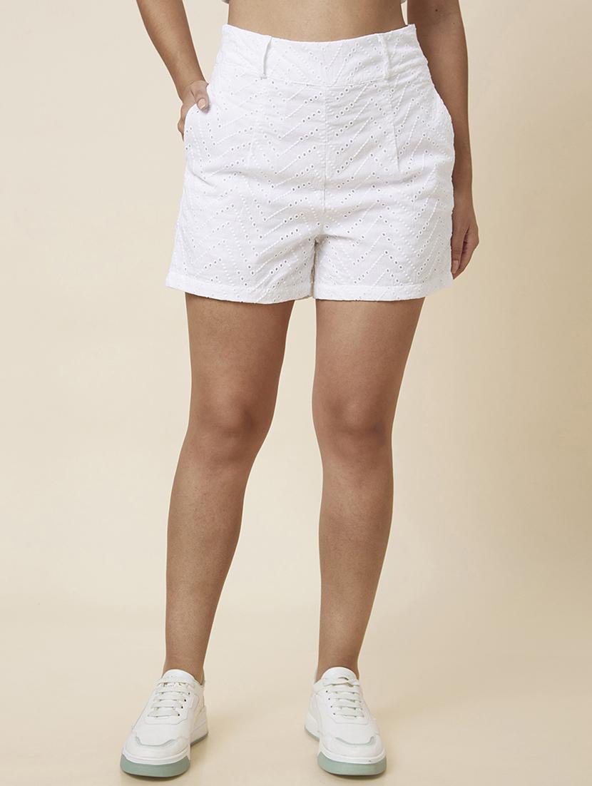 globus women white chevron schiffli high-rise cotton shorts - 20023465 - Zoom Image - 0