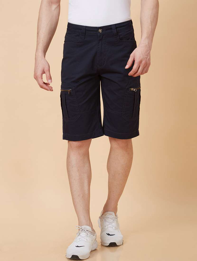 globus men navy blue regular fit stretchable cargo shorts