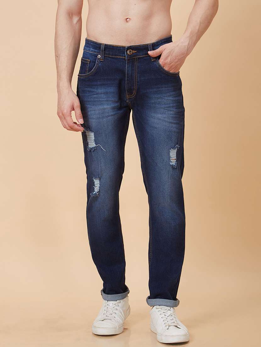 men blue cotton distressed jeans
