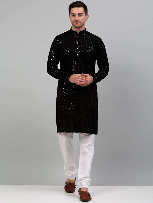 black cotton kurta pyjama ethnic wear set - 20024836 -  Standard Image - 0