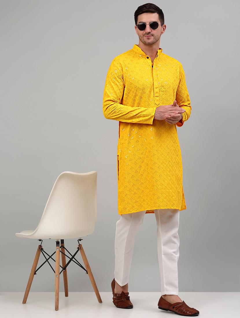 yellow viscose kurta pyjama ethnic wear set
