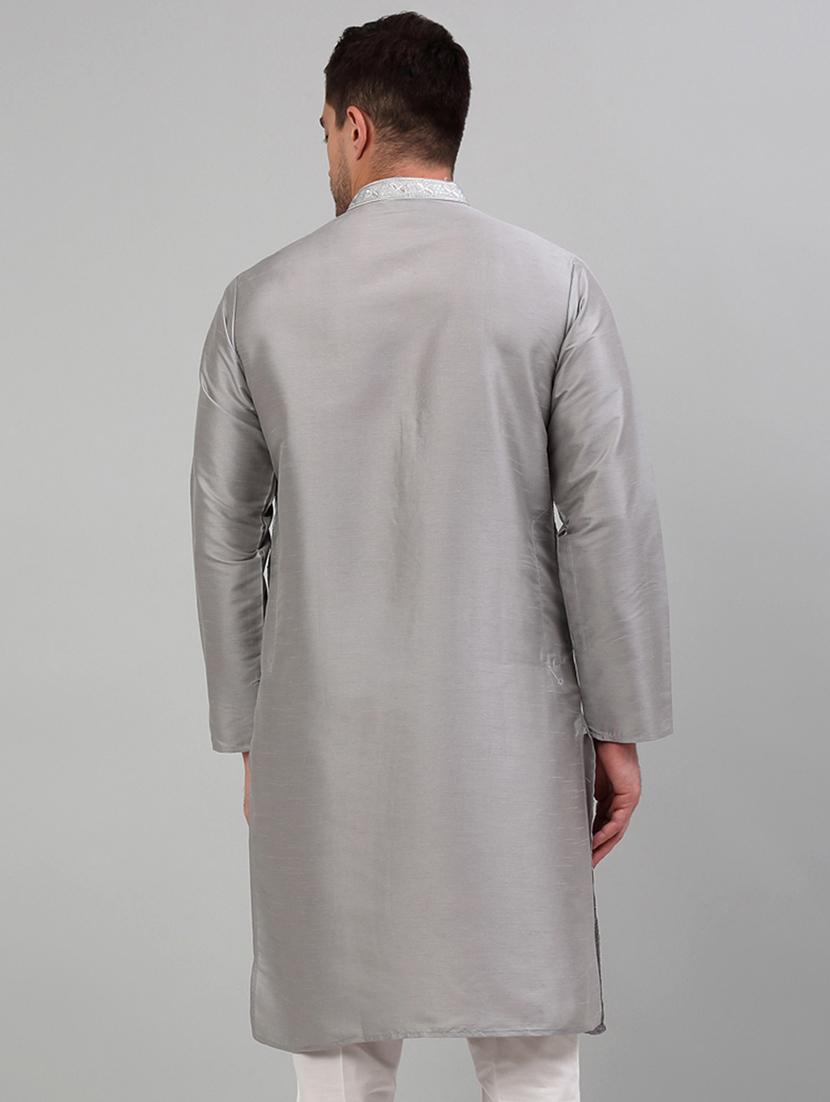 grey silk blend long kurta - 20024861 - Standard Image - 2