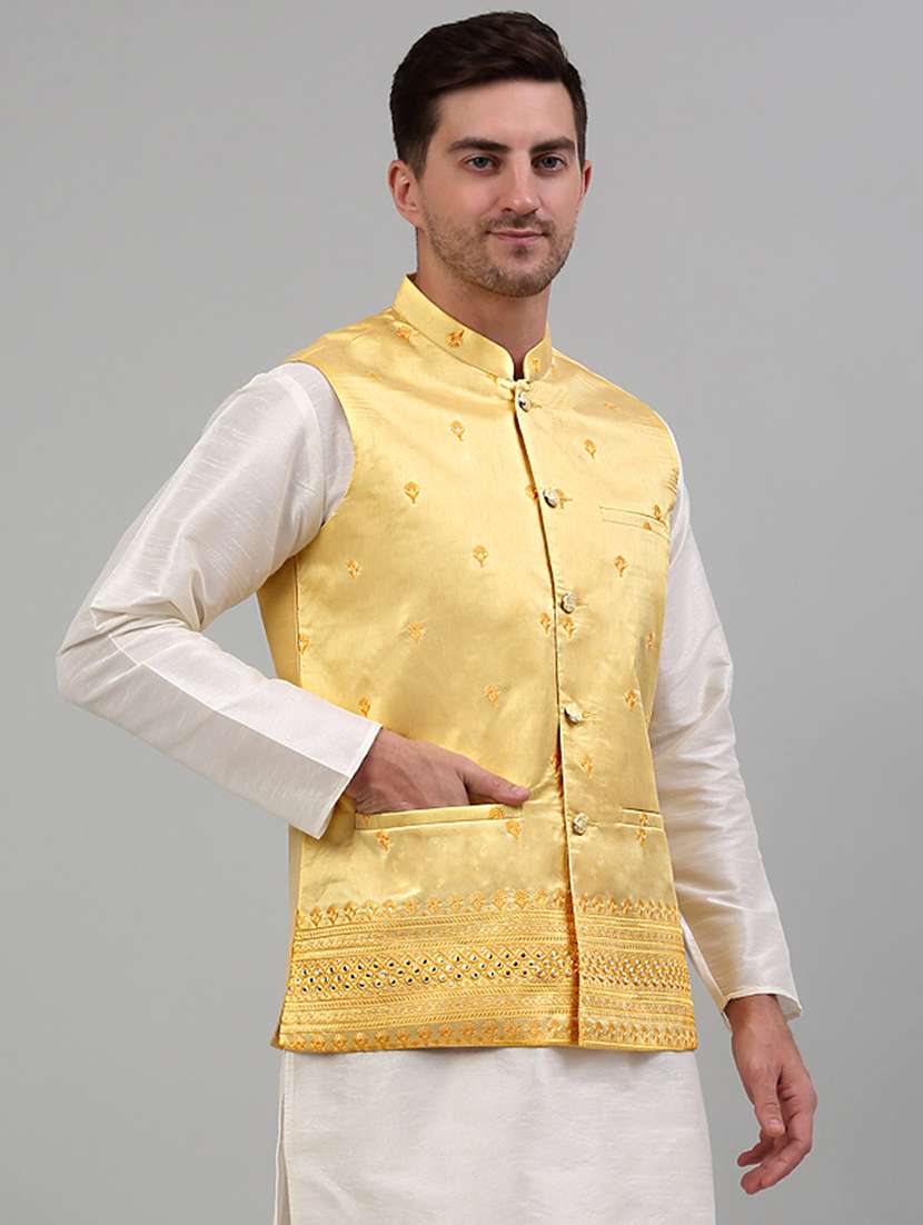 yellow silk blend nehru jacket - 20024882 -  Standard Image - 2