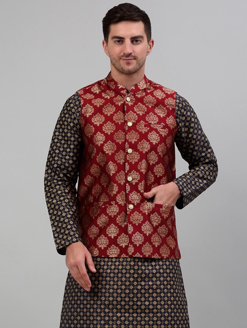 red silk blend nehru jacket - 20024889 - Zoom Image - 0