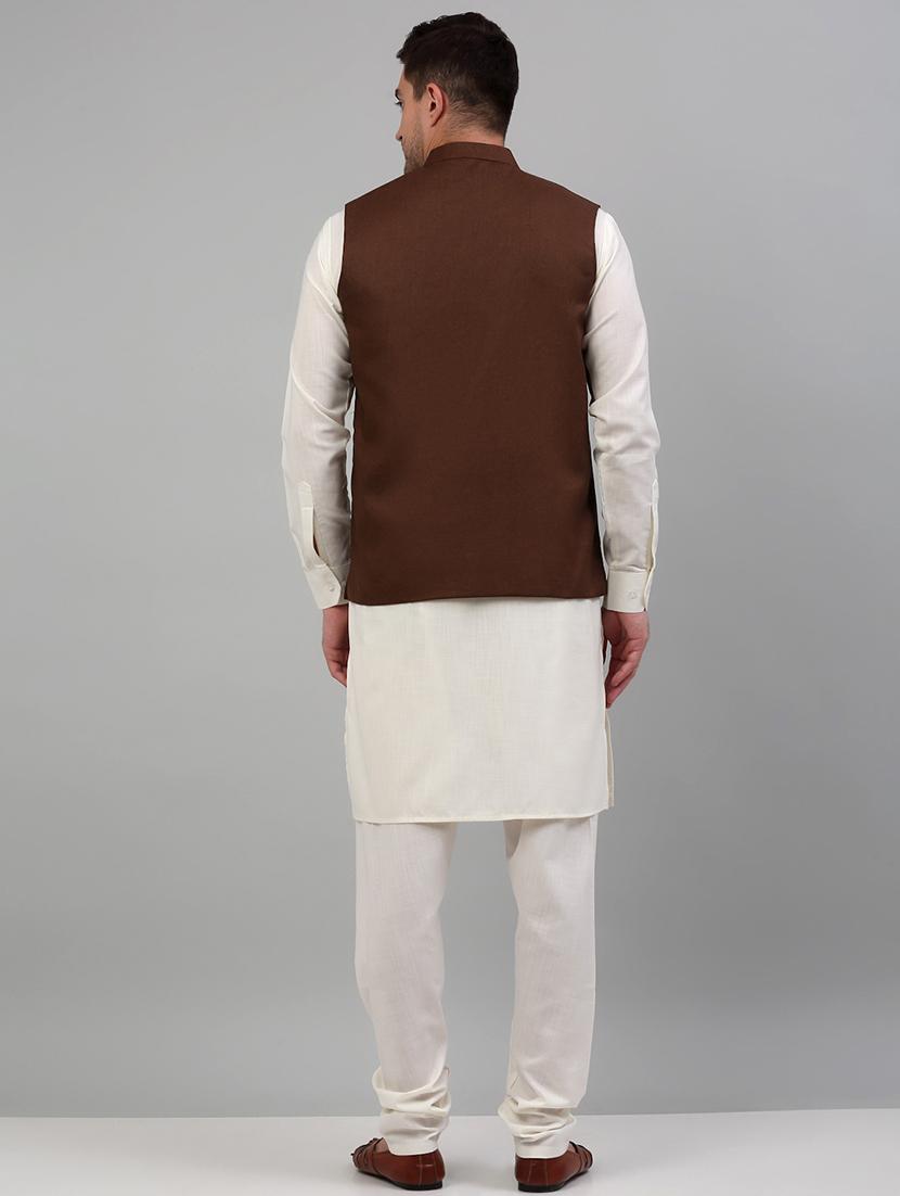 brown cotton blend kurta pyjama with jacket ethnic wear set - 20024898 - Standard Image - 2