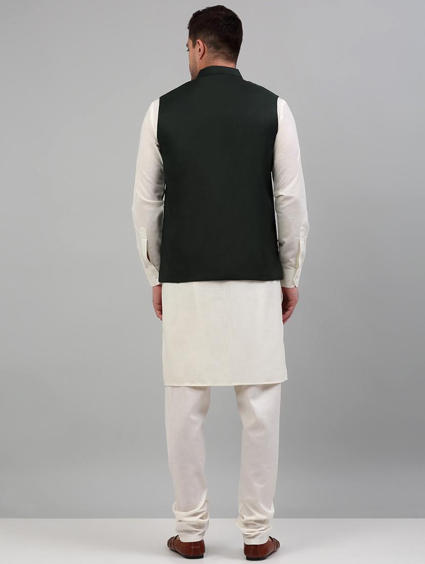 olive cotton blend kurta pyjama with jacket ethnic wear set - 20024899 - Standard Image - 2