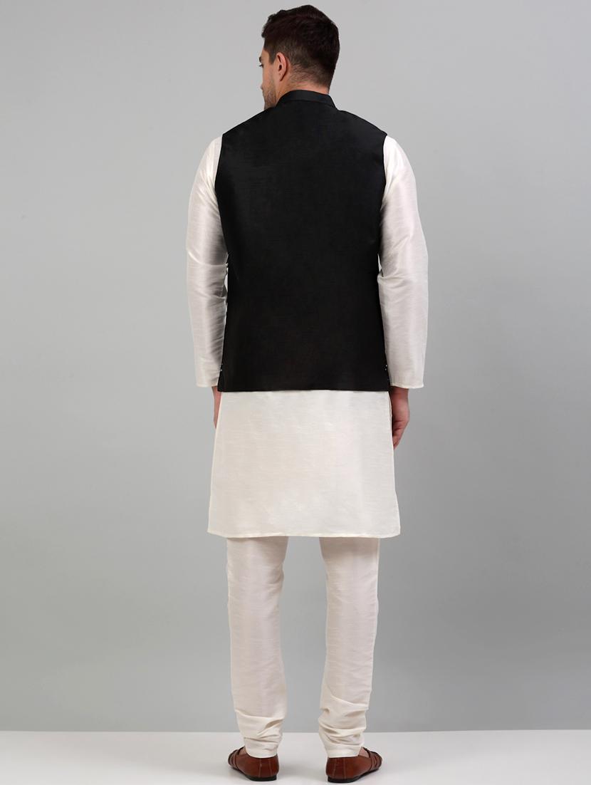 black silk blend kurta pyjama with jacket ethnic wear set - 20024903 - Standard Image - 2