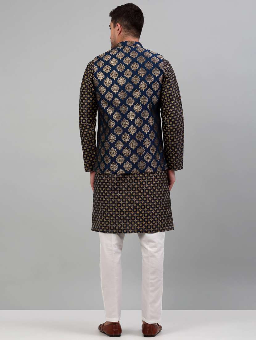 navy silk blend kurta pyjama with jacket ethnic wear set - 20024913 - Standard Image - 2