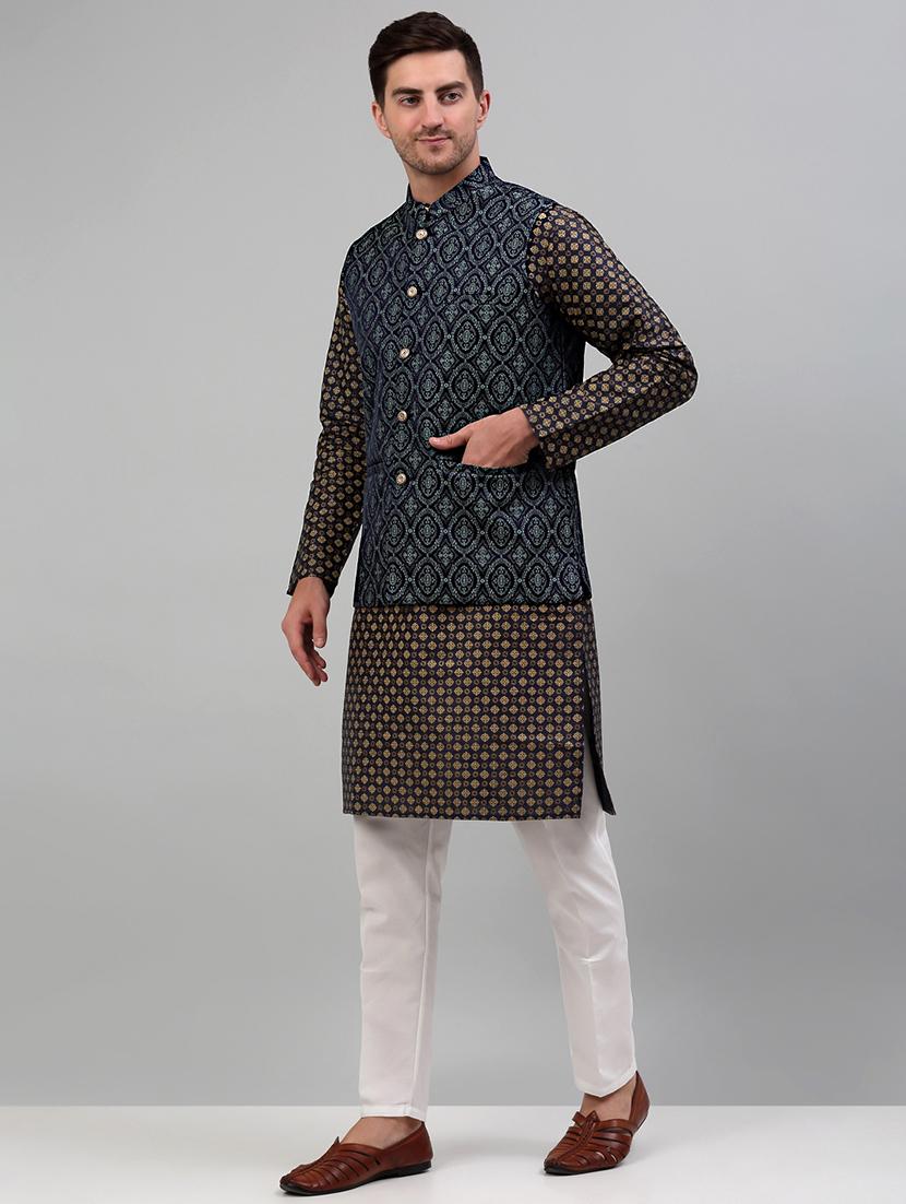 teal silk blend kurta pyjama with jacket ethnic wear set - 20024917 - Standard Image - 2