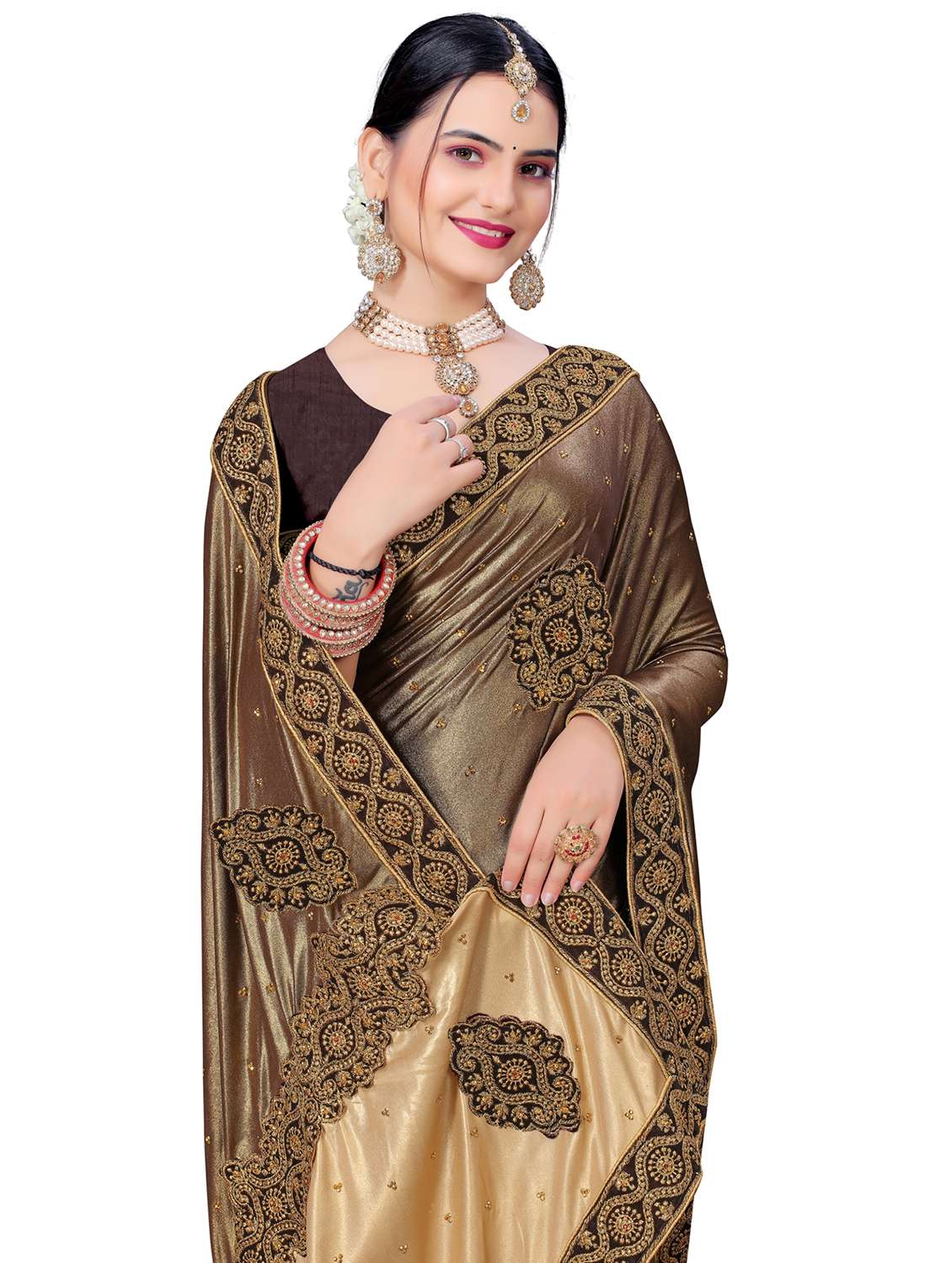 brown lycra blend embroidered saree with blouse - 20025250 - Standard Image - 2