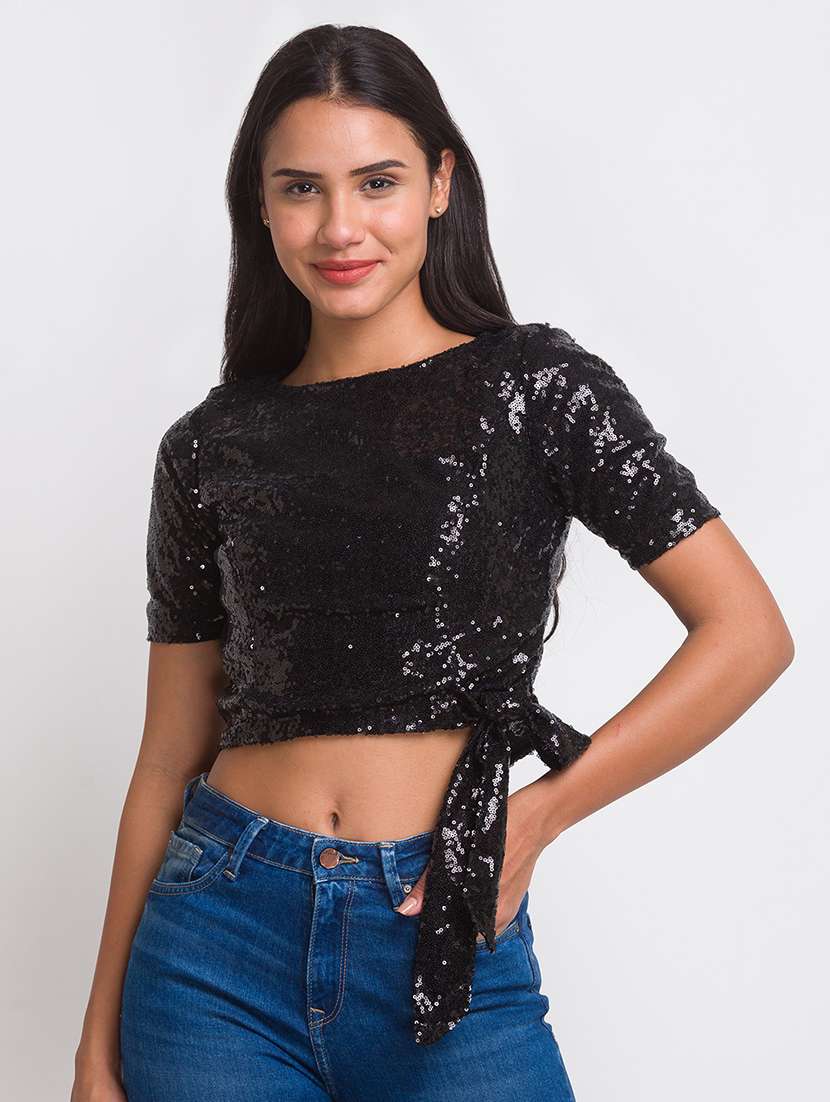 women black sequin work crop top