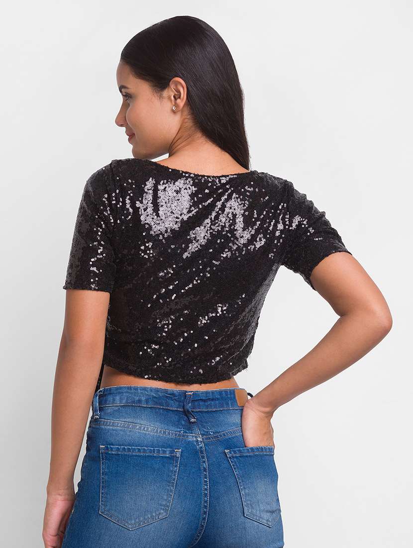 women black sequin work crop top - 20025294 -  Standard Image - 2