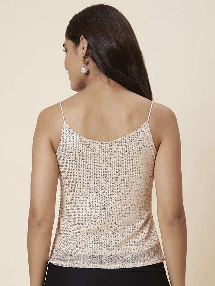 globus women cream strappy shoulder sequinned party top - 20025435 - Standard Image - 2