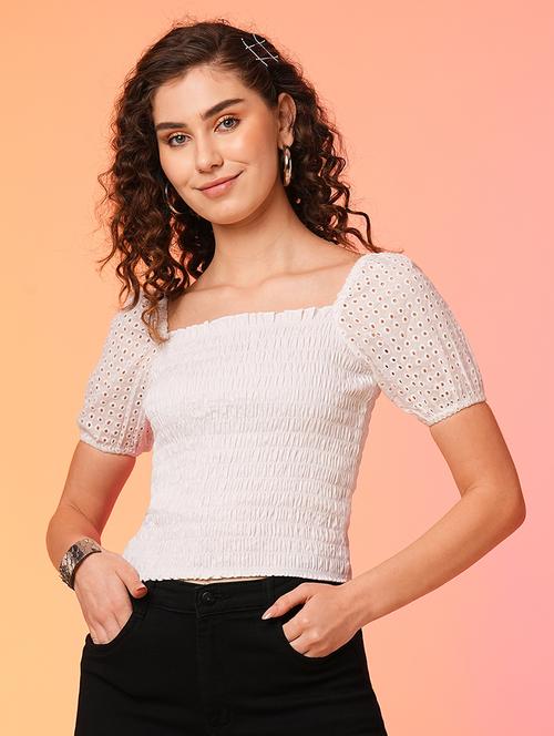 globus women white square neck smocked cotton schiffli crop top - 20025450 -  Standard Image - 0