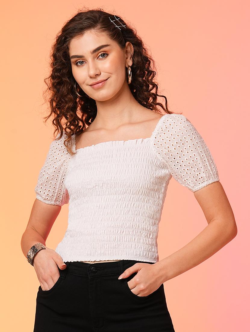 globus women white square neck smocked cotton schiffli crop top - 20025450 -  Zoom Image - 0