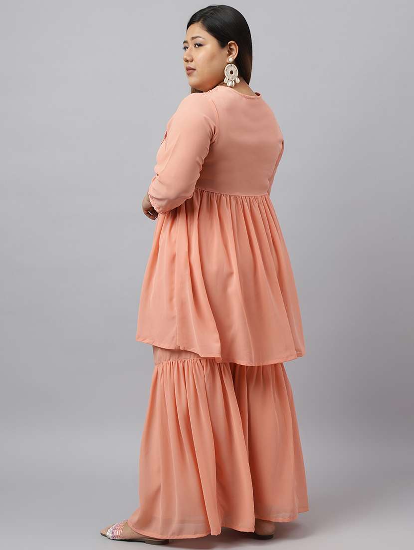 Peach Round Neck Kurta Sharara Set - 20025463 -  Standard Image - 2