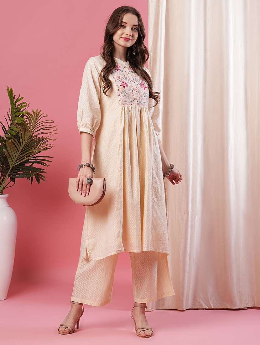 globus women off white floral embroidered yoke gathered a-line kurta & palazzos set