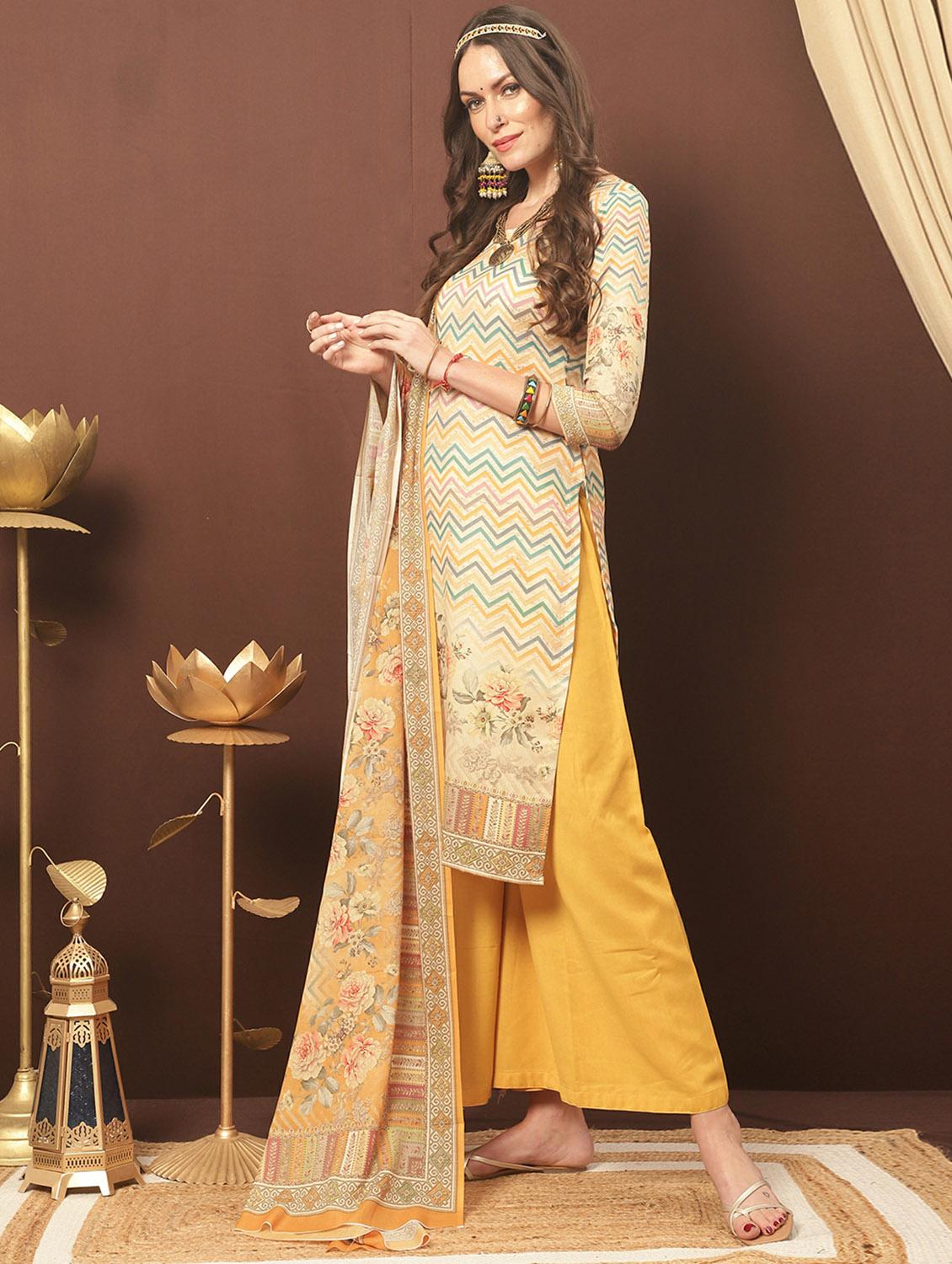yellow round neck unstitched suits - 20027667 - Standard Image - 2