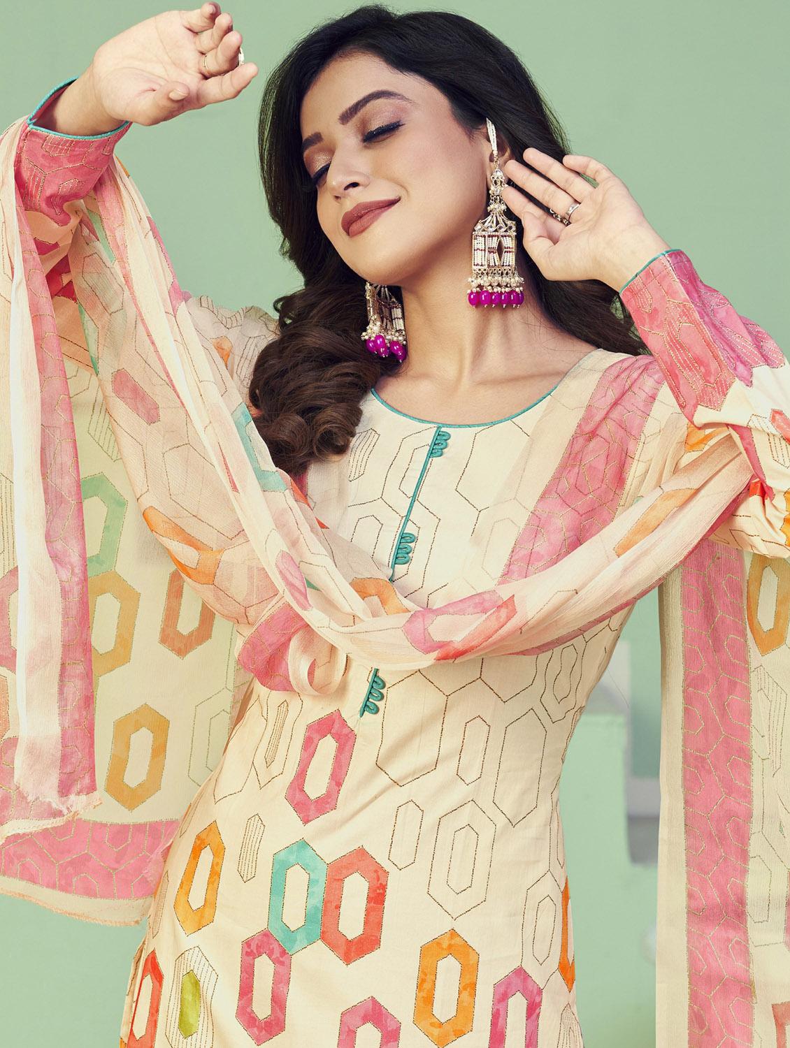 cream round neck unstitched suits - 20027688 - Standard Image - 2