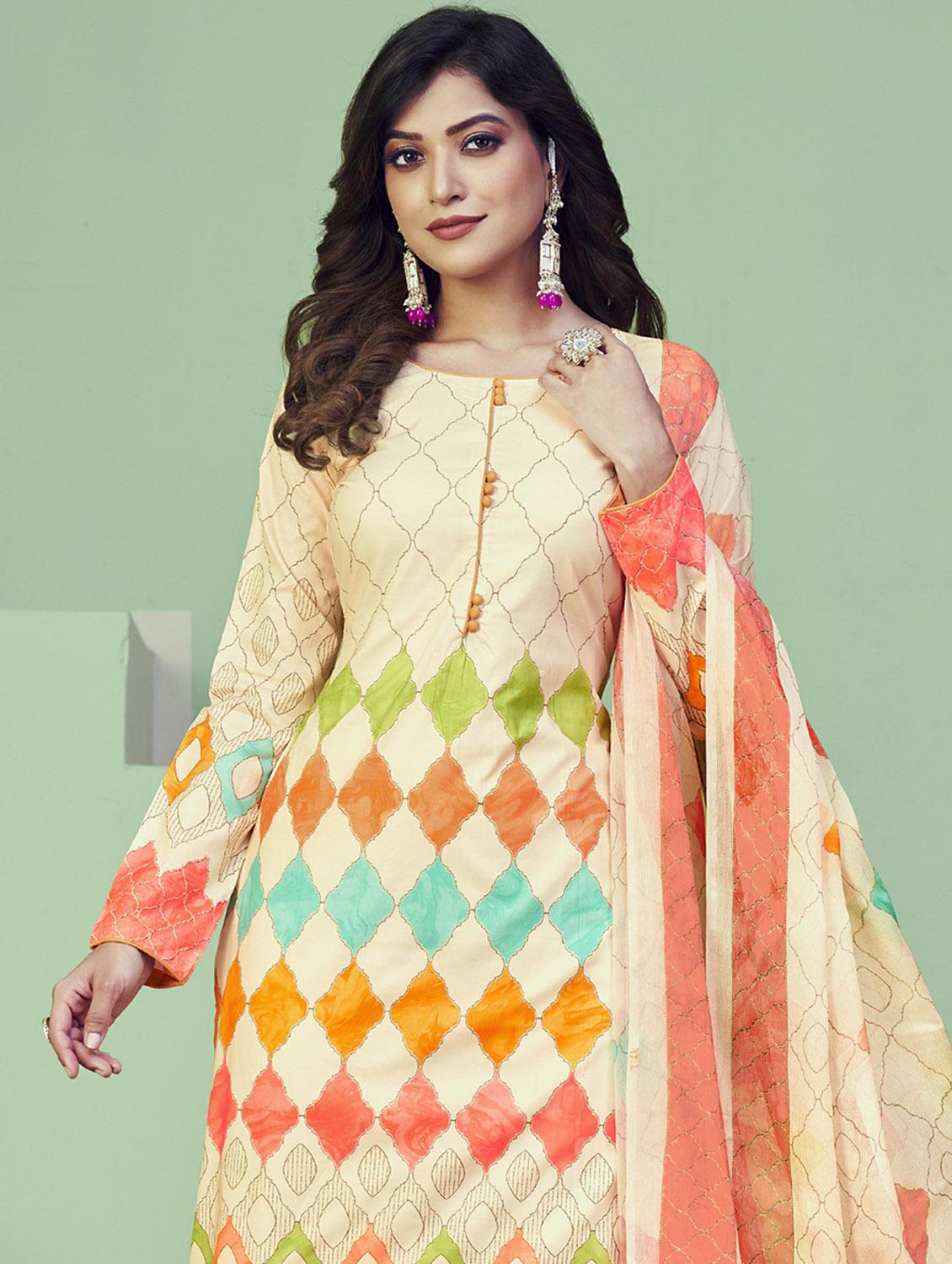 cream round neck unstitched suits - 20027689 - Standard Image - 2